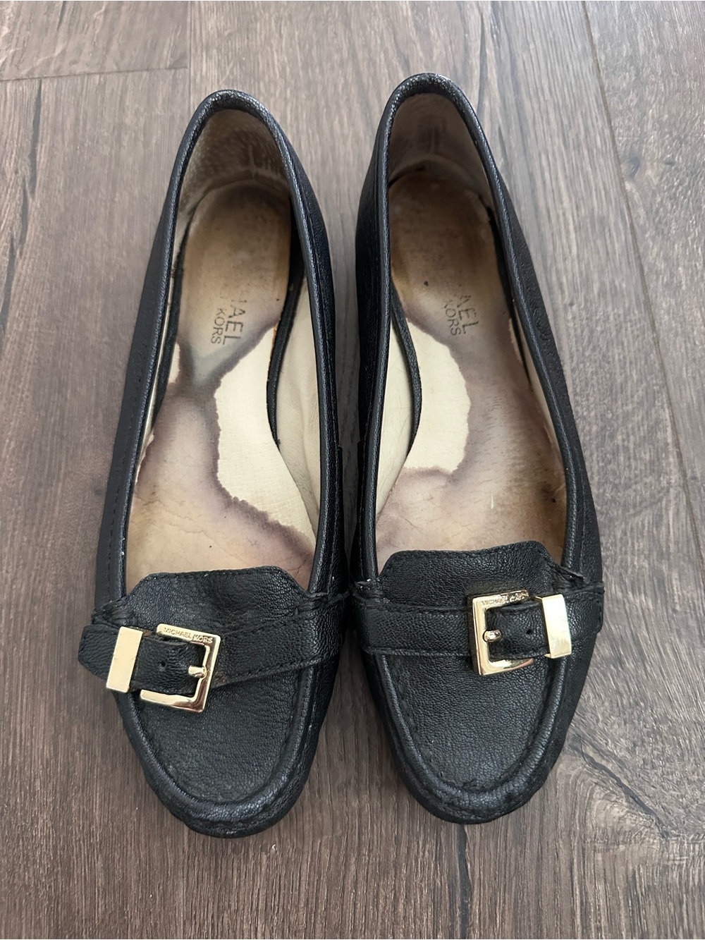 Michael Kors Black Leather Loafers with Gold Buckle Detail